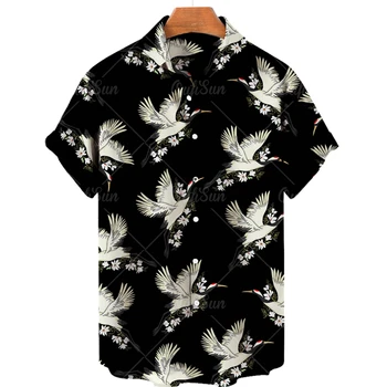 2022 Риза С 3D Принтом, Плажна Хавайска Риза С Шарени Журавля, Лятна Градинска Дрехи С Къс Ръкав, Негабаритная Ризата Homme Camisa Masculina