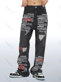 Хип-Хоп Американски Английски С Писмото Принтом Прави Дънки Мъжки Vibe Тенденция На Незначителни Скъсани Панталони С Дупки Градинска Облекло Ins Лидер В Продажбите