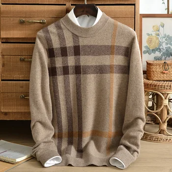 Зимна нов сгъсти чист вълнен пуловер, мъжки пуловер с висока воротом, карирани 100% чист вълнен пуловер, долната риза