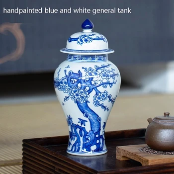 Цзиндэчжэнь ръчно рисувани син и бял порцелан общ резервоар украшение античен цвете слива модел банка декорация на дома банка